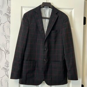Crosby & Howard men's sport coat dark gray and red windowpane plaid pattern. L